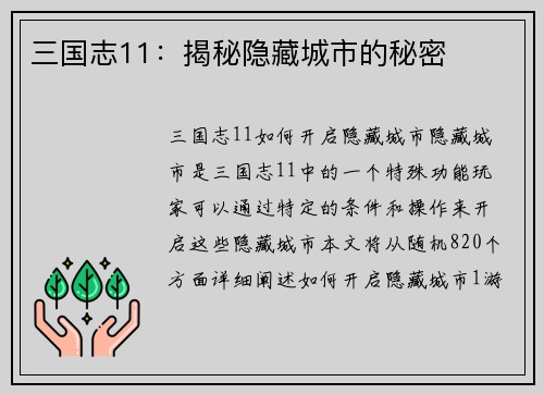 三国志11：揭秘隐藏城市的秘密